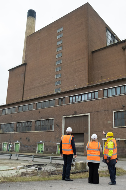 Cabinet Secretary for Economy, Energy and Planning, Rebecca Evans, SAE CEO, Graham Reid and SAE Commercial Director Paul Hebbard, looking at the Uskmouth coal-fired station.